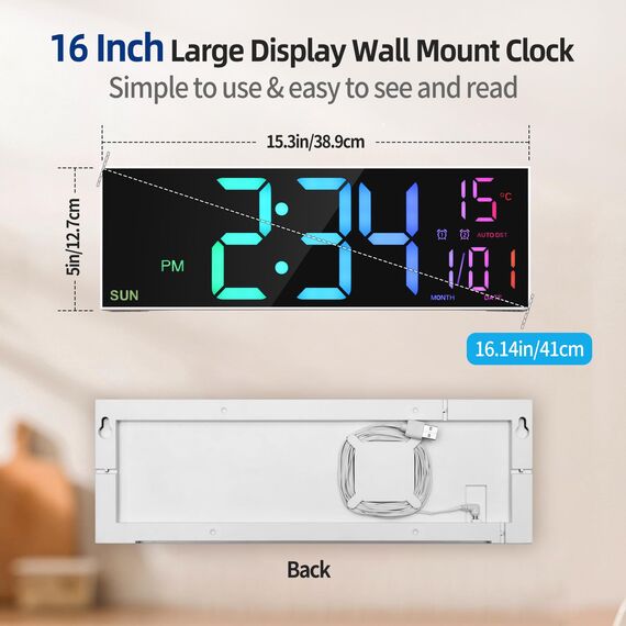 HAITANG 16'' große Digitale Wanduhr für Wohnzimmer, Fernbedienung, Dual-Alarm, 8 RGB-Farben, großes LED-Display, automatische Helligkeit, Datum, automatische Sommerzeit, Temperatur