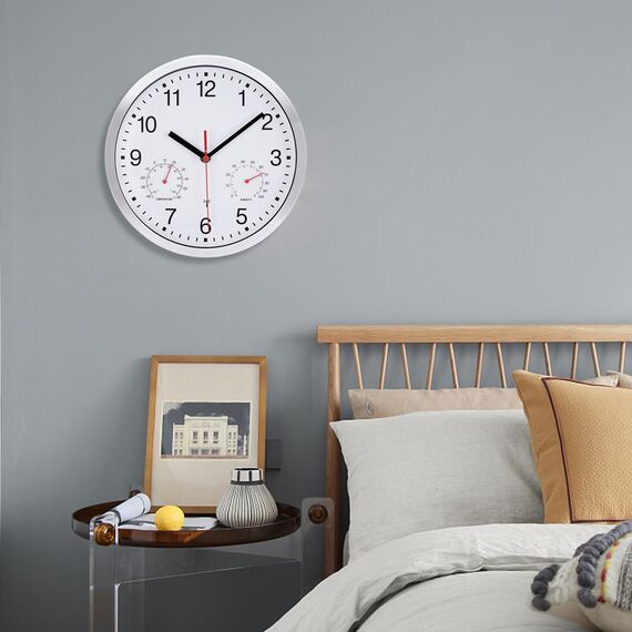 NESIFEE Funkwanduhr Geräuschlos Funkuhr Wand Wanduhr Funk Ohne Tickgeräusche mit Temperaturanzeige und Feuchtigkeitsmesser Lautlos Leis Kein Ticken Weiß gut Lesbar für Wohnzimmer Büro Küche Uhr
