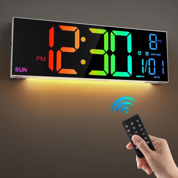HAITANG 16'' große Digitale Wanduhr für Wohnzimmer, Fernbedienung, Dual-Alarm, 8 RGB-Farben, großes LED-Display, automatische Helligkeit, Datum, automatische Sommerzeit, Temperatur