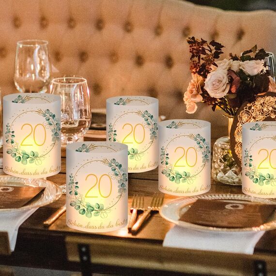 12 Windlicht Tischdeko 20 Geburtstag, Deko 20. Geburtstag Mädchen Junge, Happy Birthday Tischdeko 20. Geburtstags Frau Mann Geeignet für Teelichter oder Kerzen mit Schön DASS Du Da Bist und Eukalyptus