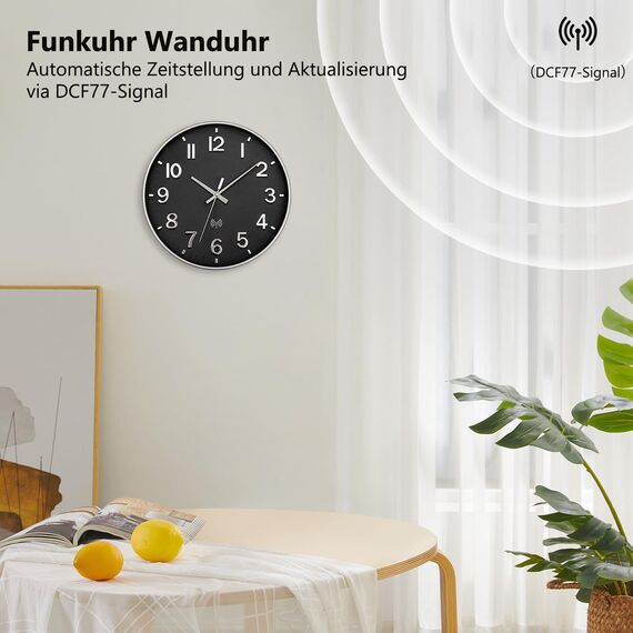 NESIFEE Wanduhr Funk Funkuhr Wand Lautlos Funkwanduhr Geräuschlos Funk Wanduhr Ohne TickgeräUsche 30cm Groß Moderne Design Wohnzimmeruhr Küchenuhren Deko Wohnzimmer Badezimmeruhr Wandfunkuhr Schwarz