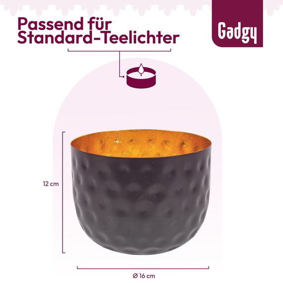 Gadgy Kerzenständer Tisch Deko Schwarz Gold - Metall Deko Schale gehämmert - Teelichthalter Gold - Windlicht Gold - Teelichthalter Schwarz - Teelichthalter Metall Ramadan Decor - 16 x 12 cm