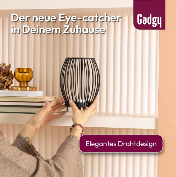 Gadgy Kerzenständer schwarz - Windlicht groß für Kerzen - Kerzenhalter schwarz - Laterne Wohnzimmer Deko - Metall Kerzen Deko - Windlicht schwarz - Laterne schwarz - 16,7 x 18 cm