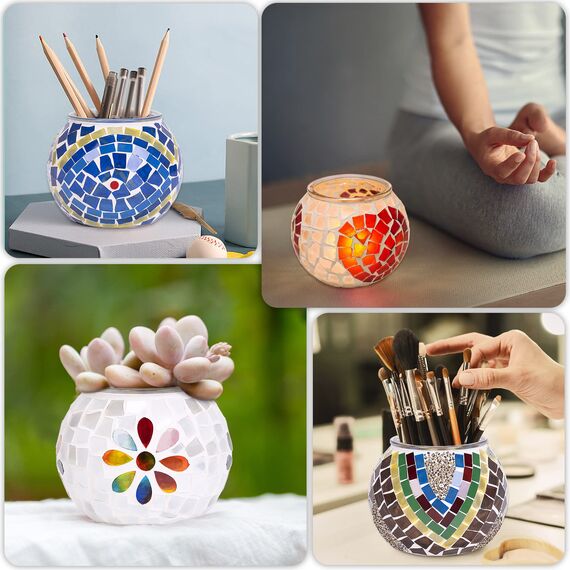 Larcenciel Teelichthalter 4 Stück, Mosaik Kerzenständer Glas Romantischer Teelichtgläser mit Herz- und Blumenmotiv Handgemachte Kerzenhalter, Bunte Teelichtdeko für Geburtstage, Weihnachten, Partys