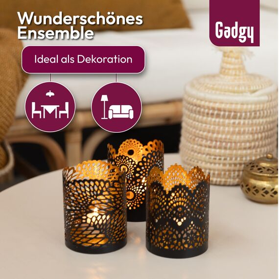Gadgy Teelichthalter Schwarz Gold - Windlicht Esstisch Deko 3er Set - Teelichthalter Metall mit Spitzenmuster - Windlicht Metall Deko schwarz - Tischdeko Windlicht schwarz – 8,5 x 10,5 cm, 3 Satz