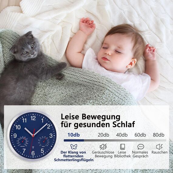 NESIFEE Funkwanduhr Geräuschlos Funkuhr Wand Wanduhr Funk Ohne Tickgeräusche mit Temperaturanzeige und Feuchtigkeitsmesser Lautlos Leis kein Ticken Blau Gut Lesbar für Wohnzimmer Büro Küche Uhr