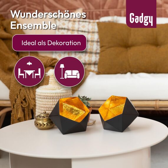 Gadgy Teelichthalter Schwarz Gold - Windlicht Esstisch Deko 2er Set - Teelichthalter Metall in Diamant-Form - Windlicht Metall Deko schwarz - Tischdeko Windlicht schwarz - Wohndeko Set 15 x 14 cm