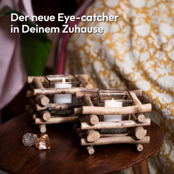 Gadgy Teelichthalter Holz | 2er Set Treibholz Deko | Tischdeko Wohnzimmer | Windlicht Herbst | Kerzenhalter Holz | Deko Fensterbank | Esstisch Deko | Teelichthalter Herbst | Rustikale Deko