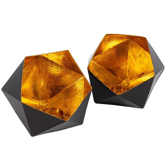 Gadgy Teelichthalter Schwarz Gold - Windlicht Esstisch Deko 2er Set - Teelichthalter Metall in Diamant-Form - Windlicht Metall Deko schwarz - Tischdeko Windlicht schwarz - Wohndeko Set 15 x 14 cm