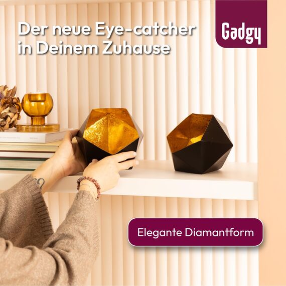 Gadgy Teelichthalter Schwarz Gold - Windlicht Esstisch Deko 2er Set - Teelichthalter Metall in Diamant-Form - Windlicht Metall Deko schwarz - Tischdeko Windlicht schwarz - Wohndeko Set 15 x 14 cm