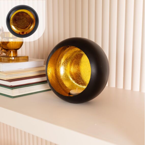 Gadgy Teelichthalter Schwarz Gold - Windlicht Esstisch Deko - Teelichthalter Metall rund - Windlicht Metall Deko schwarz - Tischdeko Windlicht schwarz - Wohndeko 17 x 10 cm, Einheitsgröße, GG1008