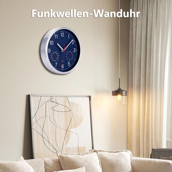 NESIFEE Funkwanduhr Geräuschlos Funkuhr Wand Wanduhr Funk Ohne Tickgeräusche mit Temperaturanzeige und Feuchtigkeitsmesser Lautlos Leis kein Ticken Blau Gut Lesbar für Wohnzimmer Büro Küche Uhr