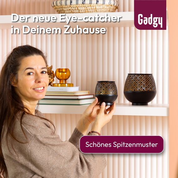 Gadgy Teelichthalter Schwarz Gold - Windlicht Esstisch Deko 2er Set - Teelichthalter Metall mit Ornamenten - Windlicht Metall Deko schwarz - Tischdeko Windlicht schwarz - 10 x 9 cm & 16 x 15 cm