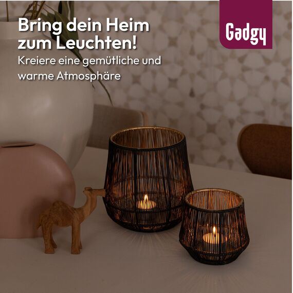 Gadgy Schwarz Kerzenständer – Set mit 2 großen Teelichthaltern – Gold – Wohnzimmerdekoration – 10 x 9 cm & 16 x 15,5 cm