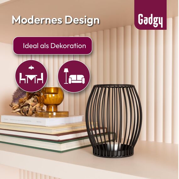 Gadgy Kerzenständer schwarz - Windlicht groß für Kerzen - Kerzenhalter schwarz - Laterne Wohnzimmer Deko - Metall Kerzen Deko - Windlicht schwarz - Laterne schwarz - 16,7 x 18 cm