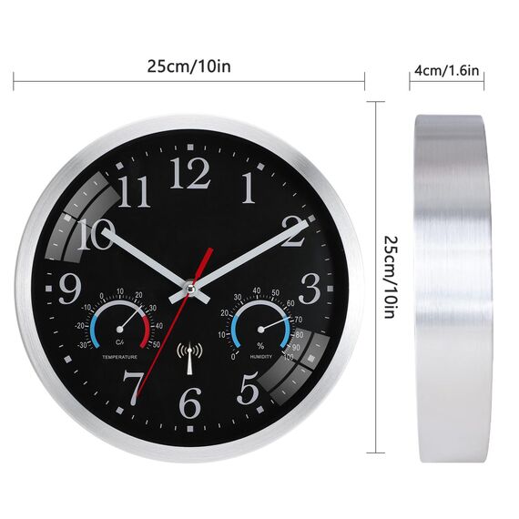 Ziprote Funk Wanduhr, Funkuhr Wand mit Temperaturanzeige und Luftfeuchtigkeit, Moderne Küchenuhr, Leicht zu Lesen, Wanduhr Ohne Tickgeräusche für Schlafzimmer, Büro, Badezimmer (Schwarz)