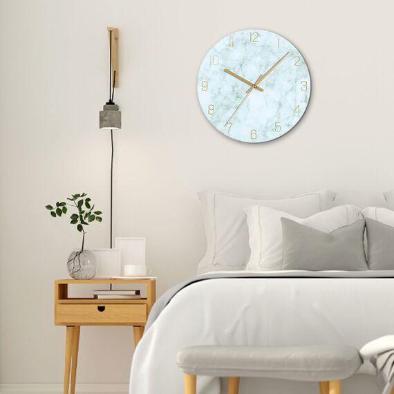 VIKMARI Glas Wanduhr, 30 cm Leise Nicht Tickend Batteriebetriebene Marmor Wanduhren, Runde Vintage Grün Wanduhr für Küche Wohnzimmer Schlafzimmer