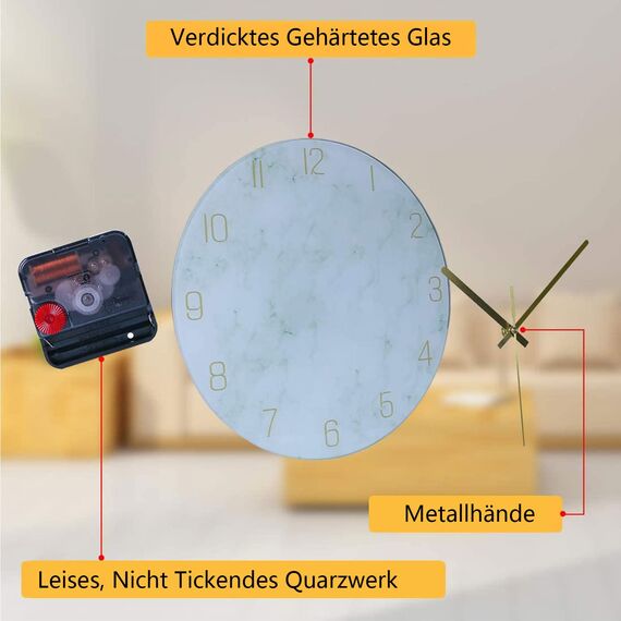 VIKMARI Glas Wanduhr, 30 cm Leise Nicht Tickend Batteriebetriebene Marmor Wanduhren, Runde Vintage Grün Wanduhr für Küche Wohnzimmer Schlafzimmer