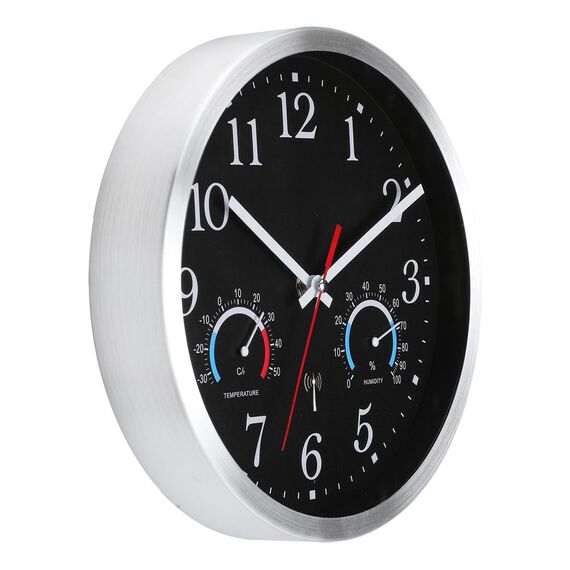 Ziprote Funk Wanduhr, Funkuhr Wand mit Temperaturanzeige und Luftfeuchtigkeit, Moderne Küchenuhr, Leicht zu Lesen, Wanduhr Ohne Tickgeräusche für Schlafzimmer, Büro, Badezimmer (Schwarz)