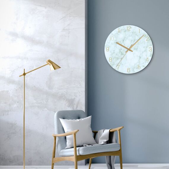 VIKMARI Glas Wanduhr, 30 cm Leise Nicht Tickend Batteriebetriebene Marmor Wanduhren, Runde Vintage Grün Wanduhr für Küche Wohnzimmer Schlafzimmer