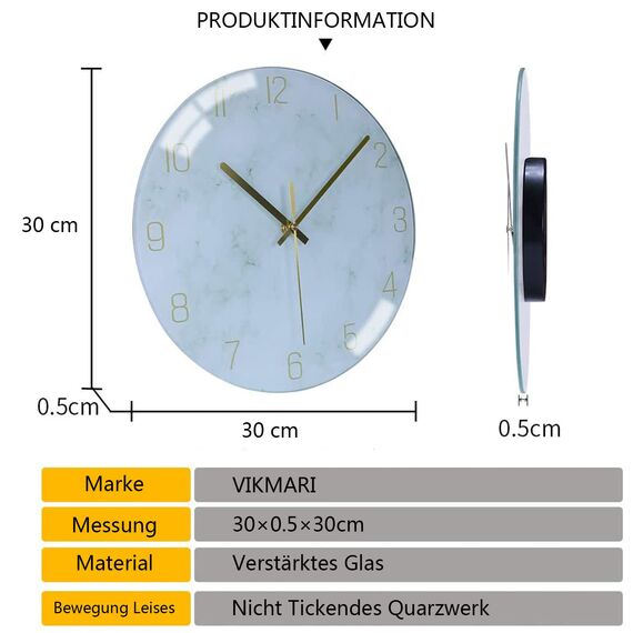 VIKMARI Glas Wanduhr, 30 cm Leise Nicht Tickend Batteriebetriebene Marmor Wanduhren, Runde Vintage Grün Wanduhr für Küche Wohnzimmer Schlafzimmer