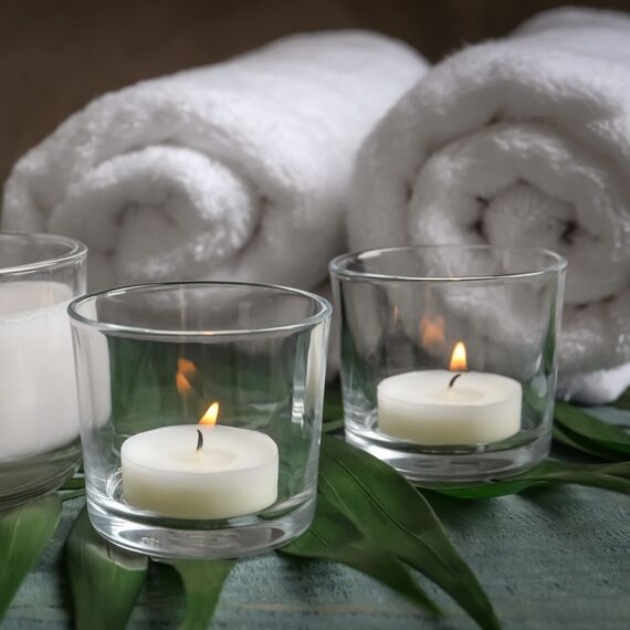 Relaxdays 48 x Teelichtglas, konisch, Tischdeko, Gläser für Dessert, Votivgläser, Gastgeschenk, Teelichtgläser 7,5 cm Ø, klar