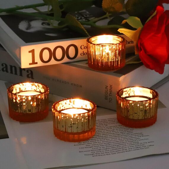 Vohocandle Gold Teelichthalter Glas – 12er Set für Hochzeiten, Teelichtgläser kleine für Windlichter Tischdeko, Teelichtglas für Weihnachten, Geburtstagsfeier, Urlaub, Party (5 × 3,5 cm, Gold)