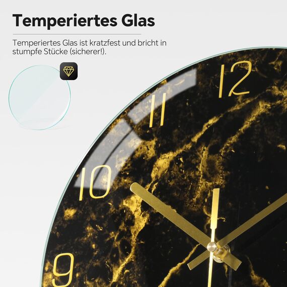 VIKMARI Schwarzes-Goldenes Modernes Marmor-Textur 30CM Wanduhr mit Golduhrenzeigern - Geräuschlos, batteriebetrieben, runde Quarzuhr - Rustikale Dekoration für Küche, Schlafzimmer, Wohnzimmer & Büro