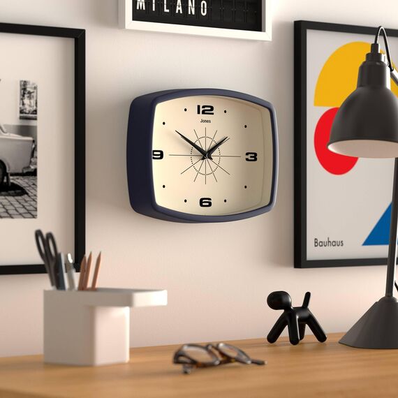 JONES CLOCKS® Movie wanduhr | Retro rechteckige Uhr | 25 cm | Blau | Cooler Designer-Look im mid-Century-Stil für küche, Wohnzimmer oder büro