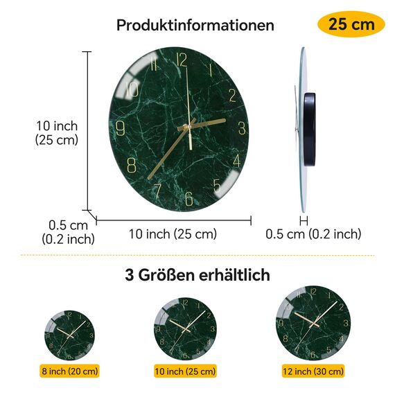 VIKMARI Glas-Wanduhr stilles uhrwerk - 25 cm 10 Zoll Qualitäts-Quarzuhrwerk Batteriebetrieben Wanduhren Runder Design Deutlich Lesbar für Zuhause, Büro, Klassenzimmer & Schule (Dunkelgrün)