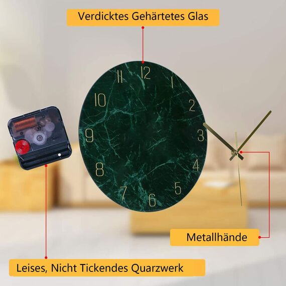 VIKMARI Glas-Wanduhr stilles uhrwerk - 25 cm 10 Zoll Qualitäts-Quarzuhrwerk Batteriebetrieben Wanduhren Runder Design Deutlich Lesbar für Zuhause, Büro, Klassenzimmer & Schule (Dunkelgrün)