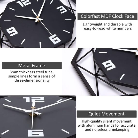 VIVILINEN Wanduhr Ohne Tickgeräusche 30cm Wanduhr aus Schmiedeeisen MDF Modern Quarz Batteriebetriebene Uhr Lautlos für Wohnzimmer Schlafzimmer 30x30cm 12 Zoll