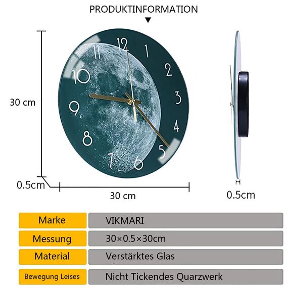 VIKMARI 30 cm Mond Erde Silent Nicht Ticking Wanduhren Batterie angetrieben Runde 12 Zoll Analoge Uhren Dekor für Wohnzimmer Küche Schule