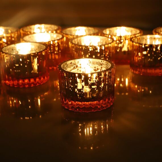 Vohocandle Gold Teelichthalter Glas – 12er Set für Hochzeiten, Teelichtgläser kleine für Windlichter Tischdeko, Teelichtglas für Weihnachten, Geburtstagsfeier, Urlaub, Party (5 × 3,5 cm, Gold)