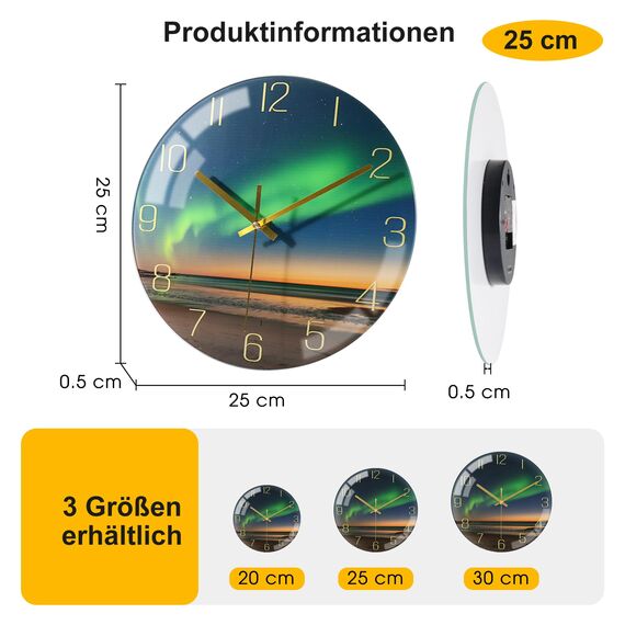 VIKMARI 10 Zoll/25cm Grüne Aurora Wanduhr - Geräuschlos Batteriebetrieben Aurora Nachthimmel Wanduhr, Dekorativ für Wohnzimmer/Küche/Schlafzimmer/Badezimmer/Büro