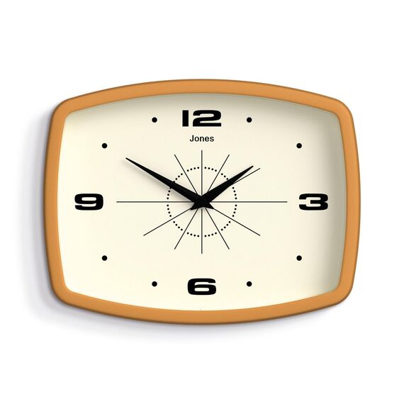 Jones Clocks® Movie wanduhr | Retro rechteckige Uhr | 25 cm | Senfgelb | Cooler Designer-Look im mid-Century-Stil für küche, Wohnzimmer oder büro