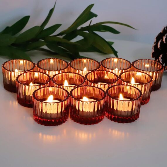 Vohocandle Rosa Teelichthalter Glas, 12er-Set, Vintage-Teelichter, Kerzenhalter, Großpackung für Hochzeit, Party, Heimdekoration, Teelichtgläser kleine für Tischdekoration(Rosa, 5 cm x 3,5 cm)