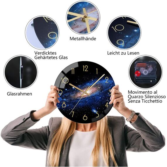 VIKMARI Glas Wanduhr Leise Nicht tickend Wand Uhren Qualität Quarz Batteriebetriebene Runde 30 cm Nacht-Himmel Muster
