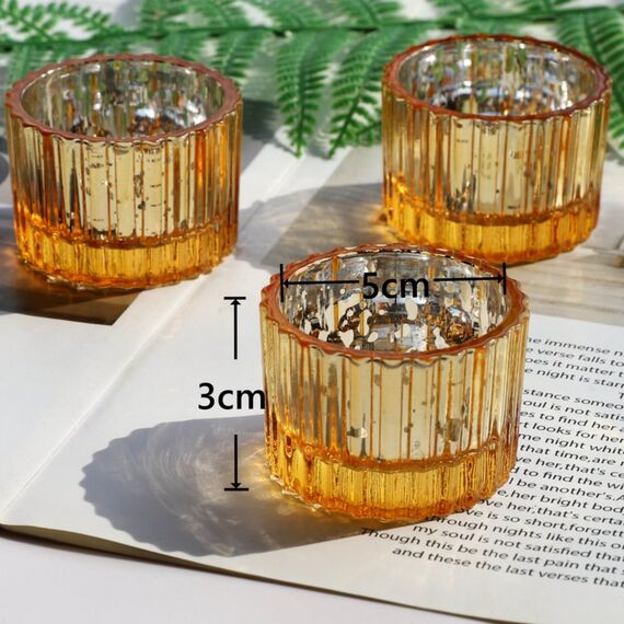 Vohocandle Gold Teelichthalter Glas – 12er Set für Hochzeiten, Teelichtgläser kleine für Windlichter Tischdeko, Teelichtglas für Weihnachten, Geburtstagsfeier, Urlaub, Party (5 × 3,5 cm, Gold)