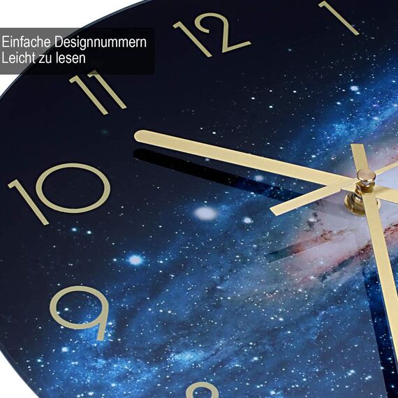 VIKMARI Glas Wanduhr Leise Nicht tickend Wand Uhren Qualität Quarz Batteriebetriebene Runde 30 cm Nacht-Himmel Muster