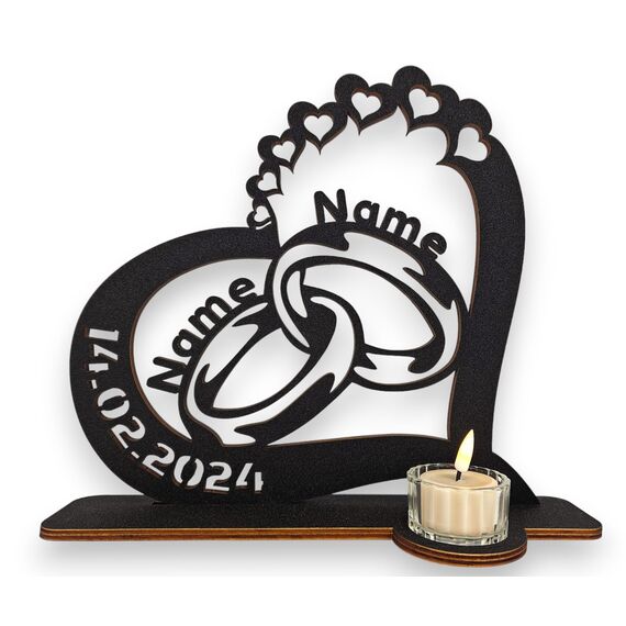 Waluna® Hochzeitsgeschenk Eheringe – personalisierter Teelichthalter mit Herz, Namen & Datum – Liebesgeschenk, Tischdeko Hochzeit & Jahrestag 12 Farben (Teelichthalter)