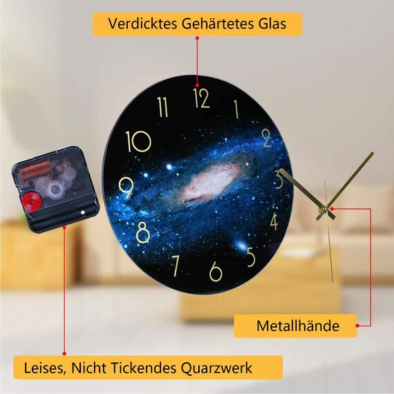VIKMARI Glas Wanduhr Leise Nicht tickend Wand Uhren Qualität Quarz Batteriebetriebene Runde 30 cm Nacht-Himmel Muster