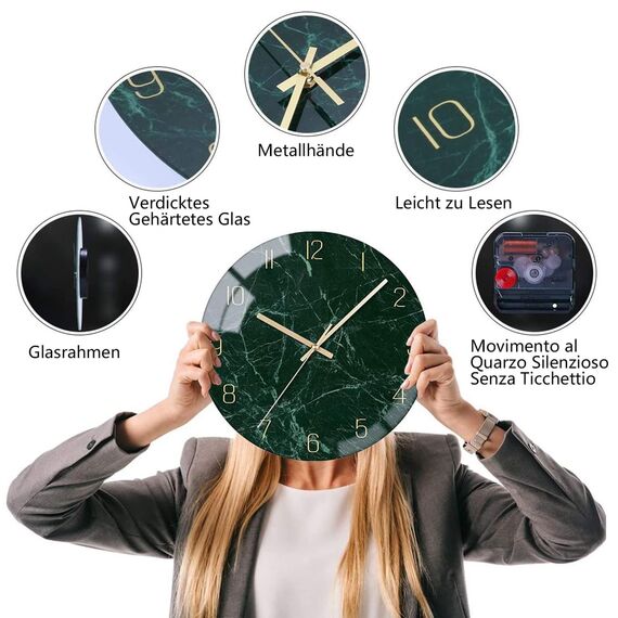 VIKMARI Glas-Wanduhr stilles uhrwerk - 20 cm 8 Zoll Qualitäts-Quarzuhrwerk Batteriebetrieben Wanduhren Runder Design Deutlich Lesbar für Zuhause, Büro, Klassenzimmer & Schule (Dunkelgrün)