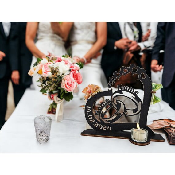 Waluna® Hochzeitsgeschenk Eheringe – personalisierter Teelichthalter mit Herz, Namen & Datum – Liebesgeschenk, Tischdeko Hochzeit & Jahrestag 12 Farben (Teelichthalter)