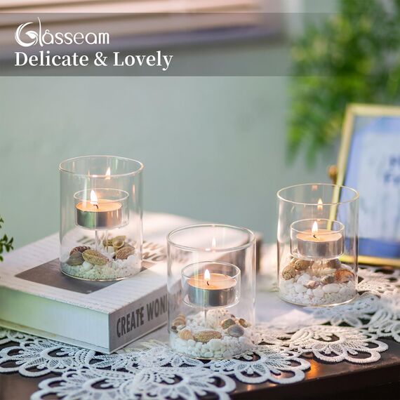 Glasseam Teelichtglas Glaszylinder für Kerzen, Teelichter Glas Kerzenhalter für Weihnachten Partylite, Zylinder Deko Teelichthalter Set 24 Stück, Teelichtgläser Vintage für Hochzeit Dekoration