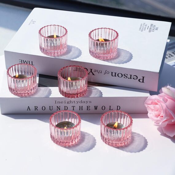 Vohocandle Rosa Teelichthalter Glas für Geburtstagsgeschenke für Mädchen, 12 Stück Teelichtgläser für Tischdekorationen, Kleine Teelichtglas für Votivkerzen und Teelichter (5 cm × 3,5 cm, Rosa)