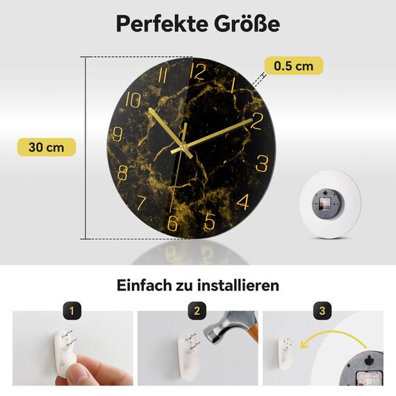 VIKMARI Schwarzes-Goldenes Modernes Marmor-Textur 30CM Wanduhr mit Golduhrenzeigern - Geräuschlos, batteriebetrieben, runde Quarzuhr - Rustikale Dekoration für Küche, Schlafzimmer, Wohnzimmer & Büro