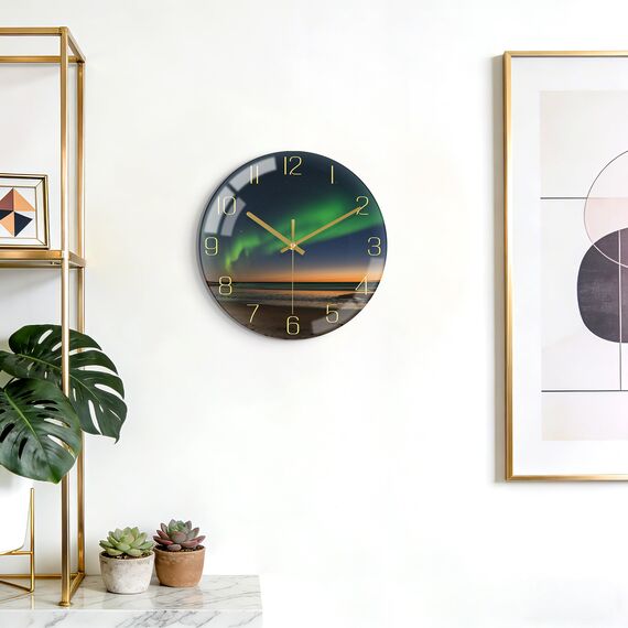 VIKMARI 10 Zoll/25cm Grüne Aurora Wanduhr - Geräuschlos Batteriebetrieben Aurora Nachthimmel Wanduhr, Dekorativ für Wohnzimmer/Küche/Schlafzimmer/Badezimmer/Büro