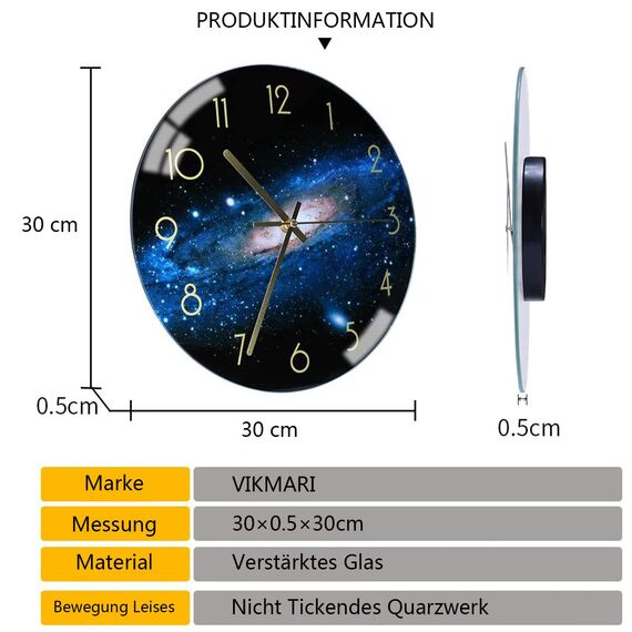 VIKMARI Glas Wanduhr Leise Nicht tickend Wand Uhren Qualität Quarz Batteriebetriebene Runde 30 cm Nacht-Himmel Muster