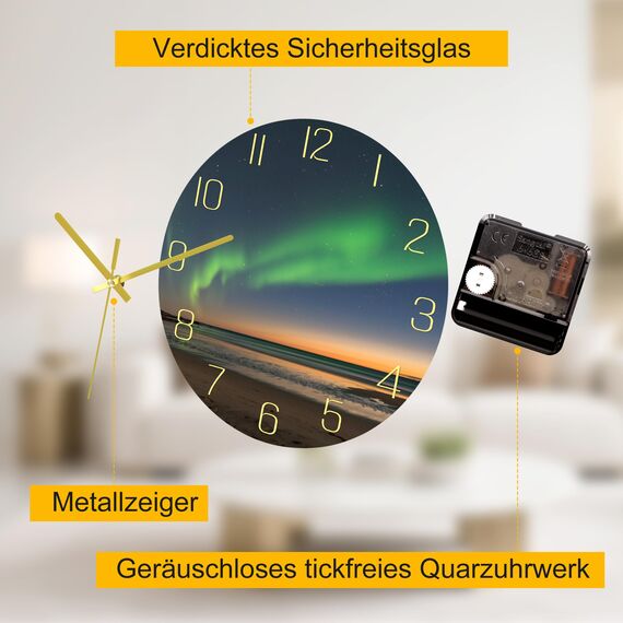 VIKMARI 8 Zoll/20cm Moderne Wanduhr, Grün Gold Dekor Zubehör, Ungewöhnlich Geräuschlos Ohne Tickgeräusch Aurora Wanduhren für Wohnzimmer/Küche/Büro/Schlafzimmer/Badezimmer